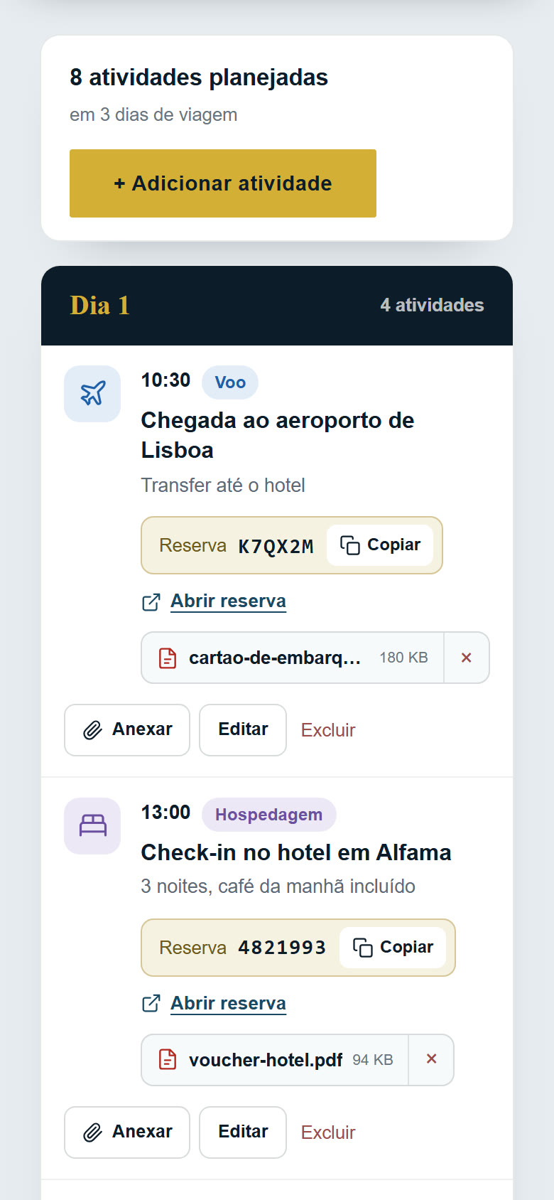 Itinerário do Planner no celular