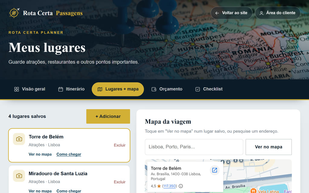 Lugares salvos com o mapa da viagem e o botão Como chegar